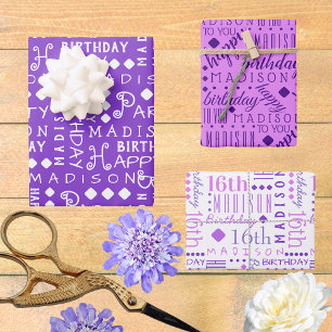 Cute Birthday Purple Any Age Add Childs Name Wrapping Paper Sheet