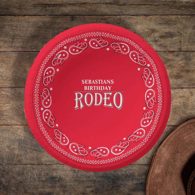 Cute Birthday Simple Rodeo Typography Red Bandanna Paper Plate (Creator Uploaded)