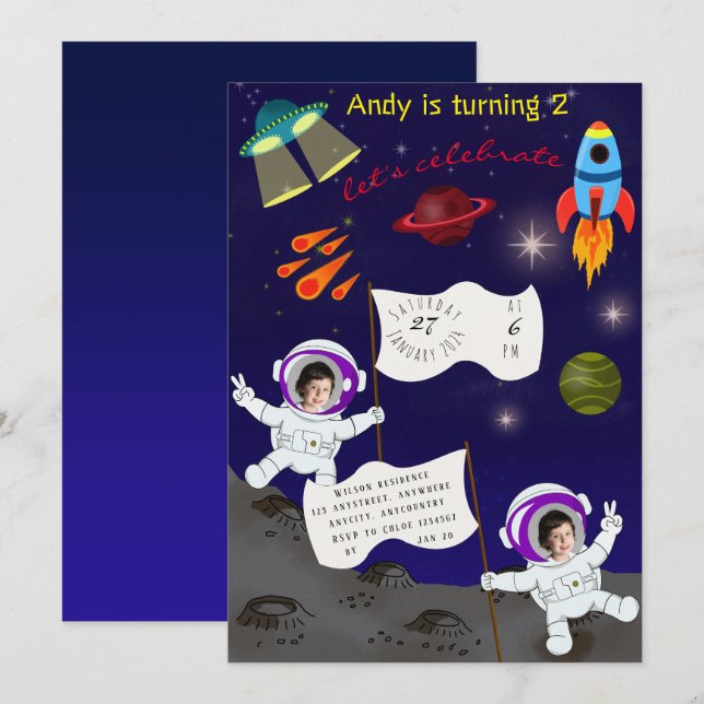 Cute Birthday Space Astronaut Cartoon Invitation (Front/Back)