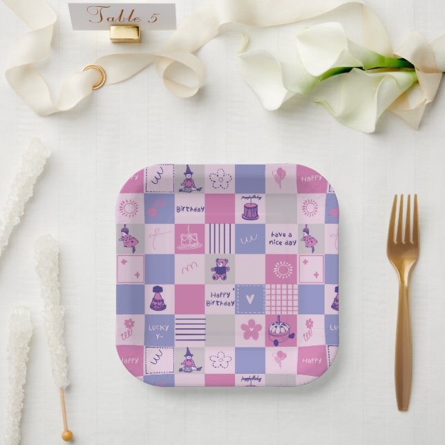 Cute Birthday Squares – Pink modern Pattern Paper Plate (Wedding)