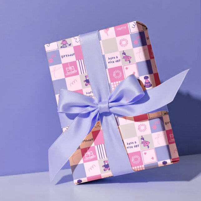 Cute Birthday Squares – Pink modern Pattern Wrapping Paper Sheet (Creator Uploaded)