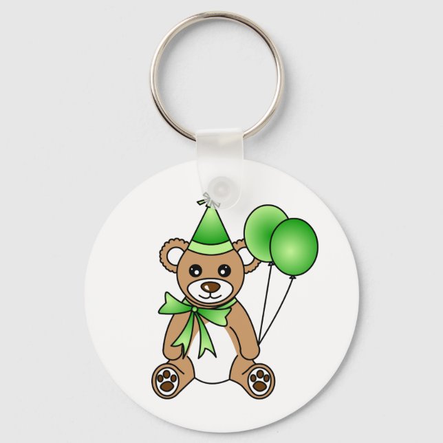 Cute Birthday Teddy Bear - Green Key Ring (Front)