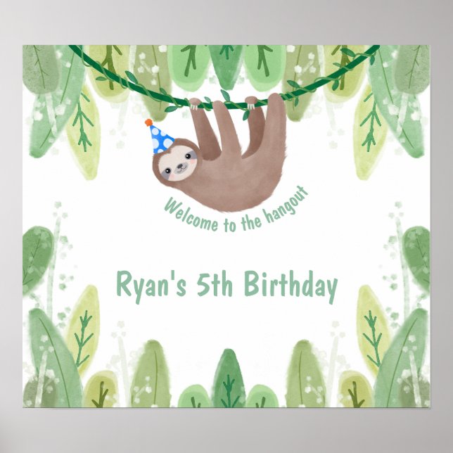 Cute birthday welcome sloth in party hat poster (Front)