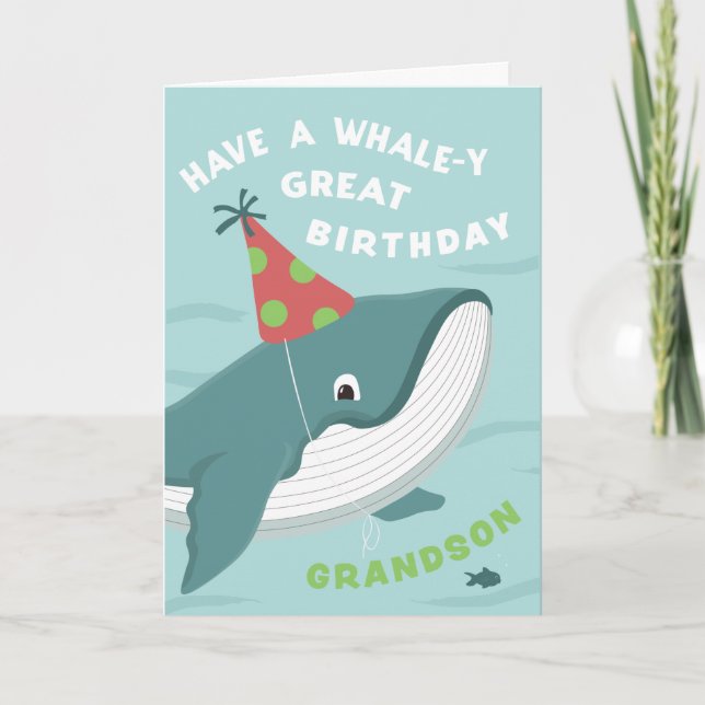 Cute Birthday Whale in Party hat for Grandson Card (Front)