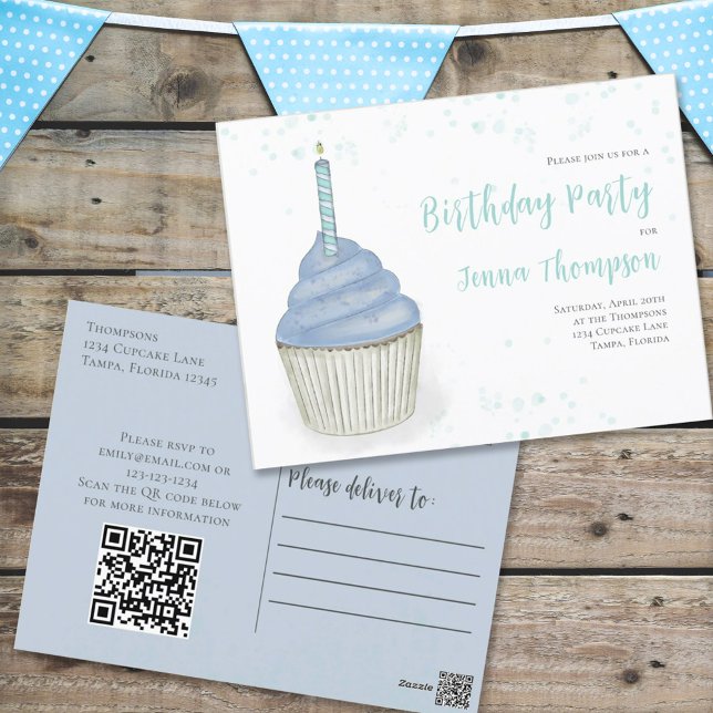 Cute Birthday Whimsical Blue Cupcake QR Code Postcard (Creator Uploaded)