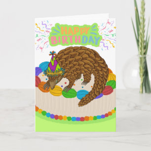 Cute Birthday with Pangolin and Colourful Cake Card