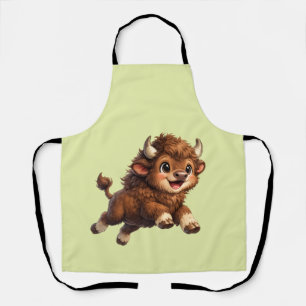 Cute Bison with Big Eyes Happy Wildlife Cartoon Apron