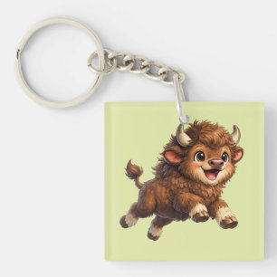 Cute Bison with Big Eyes Happy Wildlife Cartoon Key Ring