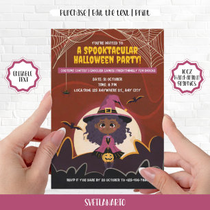 Cute black African American Halloween witch girl I Invitation