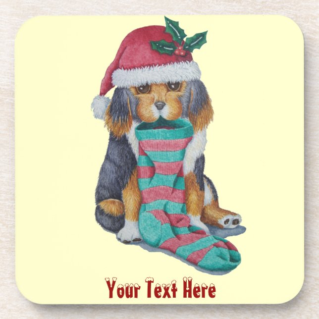 cute black and brown puppy dressed for christmas coaster (Front)