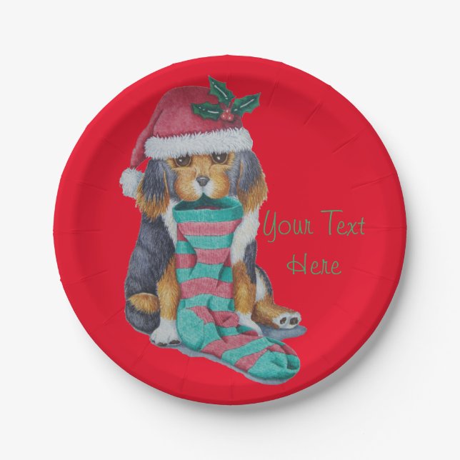 cute black and brown puppy dressed for christmas paper plate (Front)