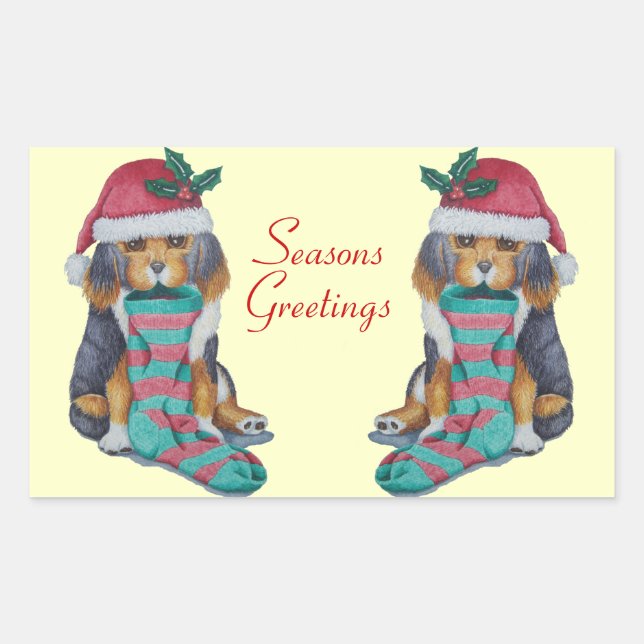 cute black and brown puppy dressed for christmas rectangular sticker (Front)