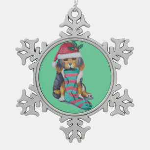 cute black and brown puppy dressed for christmas snowflake pewter christmas ornament
