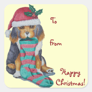cute black and brown puppy dressed for christmas square sticker