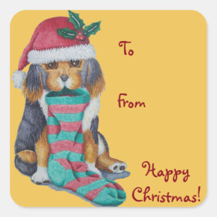 cute black and brown puppy dressed for christmas square sticker