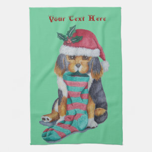 cute black and brown puppy dressed for christmas tea towel