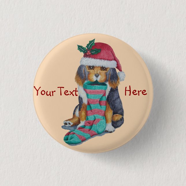 cute black and brown puppy with christmas stocking 3 cm round badge (Front)