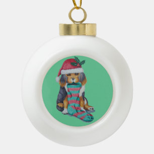 cute black and brown puppy with christmas stocking ceramic ball christmas ornament