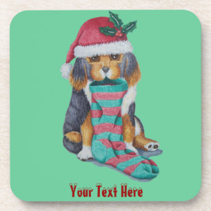 cute black and brown puppy with christmas stocking coaster