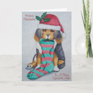 cute black and brown puppy with christmas stocking holiday card