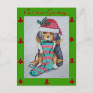 cute black and brown puppy with christmas stocking holiday postcard