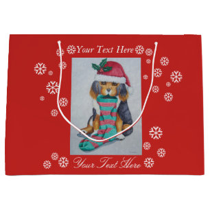 cute black and brown puppy with christmas stocking large gift bag