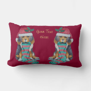 cute black and brown puppy with christmas stocking lumbar cushion