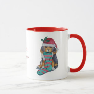 cute black and brown puppy with christmas stocking mug