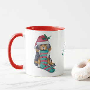 cute black and brown puppy with christmas stocking mug