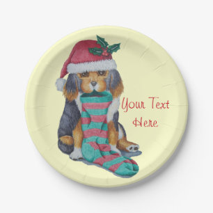 cute black and brown puppy with christmas stocking paper plate
