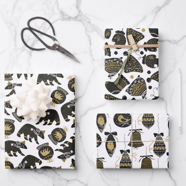 Cute Black and Gold Christmas Pattern s Wrapping Paper Sheet (Front)