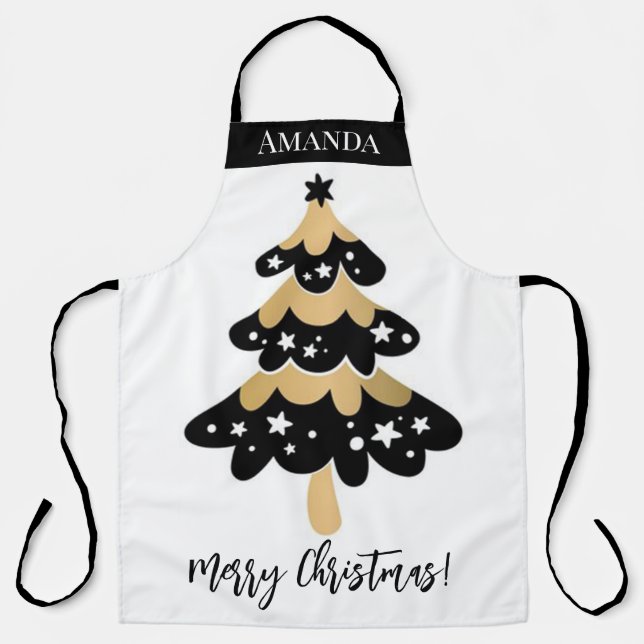 Cute Black and Gold Christmas Tree Custom Apron (Front)