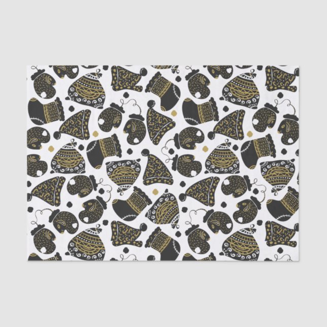 Cute Black and Gold Hats and Mittens Christmas  Tissue Paper (Front)