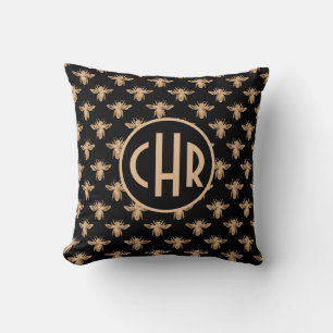 Cute Black And Gold Queen Bee Monogram Cushion