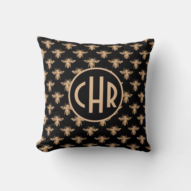 Cute Black And Gold Queen Bee Monogram Cushion (Front)