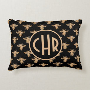 Cute Black And Gold Queen Bee Monogram Decorative Cushion