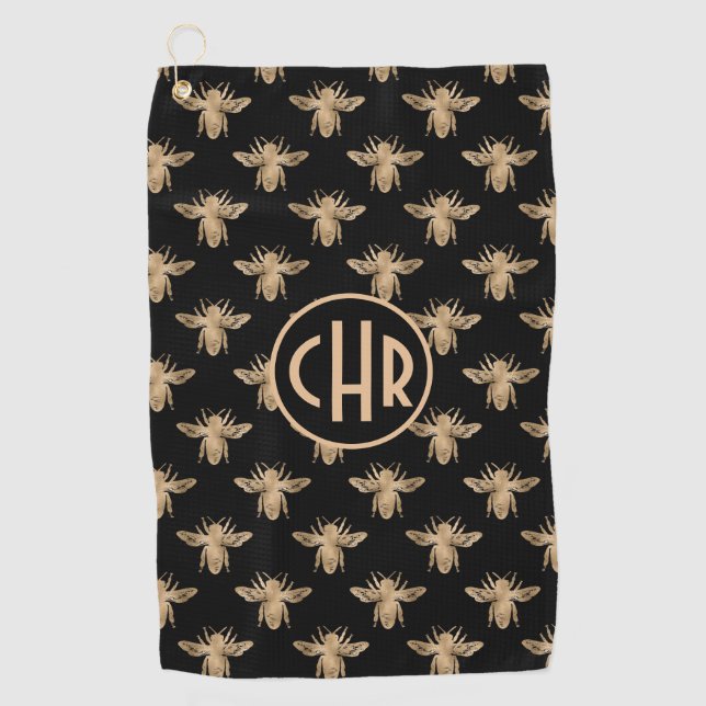 Cute Black And Gold Queen Bee Monogram Golf Towel (Front)