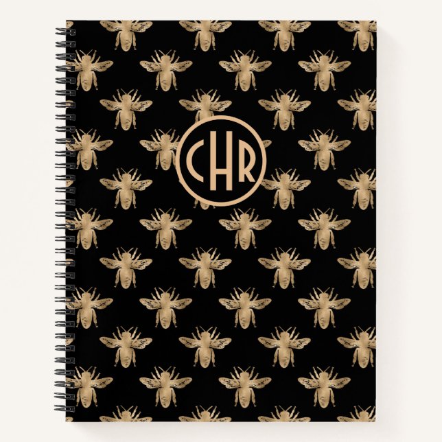Cute Black And Gold Queen Bee Monogram Notebook (Front)