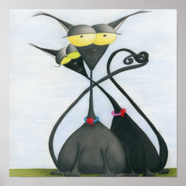 Cute Black and Gray Cat Cartoon Poster (Front)