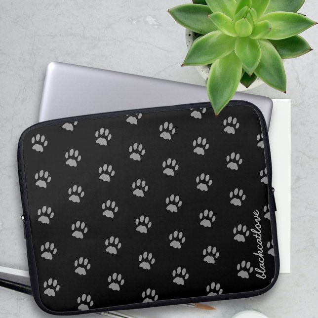 Cute Black and Gray Pet Paw Print Laptop Sleeve (Add your name to this cute black & grey paw print laptop sleeve. Any thing for your cat to sit on)