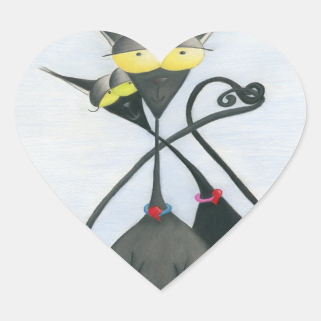 Cute Black and Grey Cat Cartoon Heart Sticker (Front)