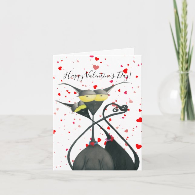 Cute Black and Grey Cat Cartoon Holiday Card (Front)