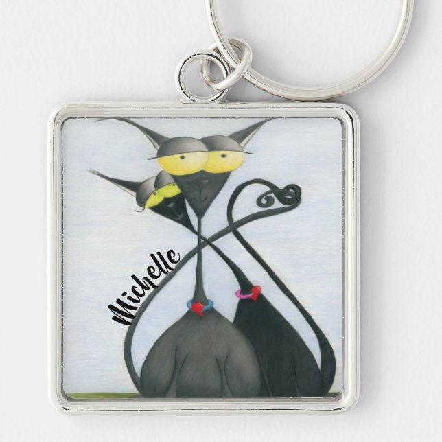 Cute Black and Grey Cat Cartoon Key Ring (Front)