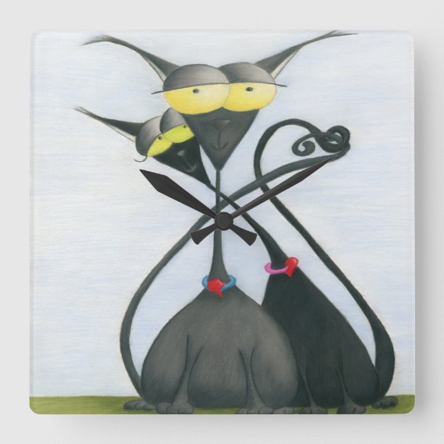 Cute Black and Grey Cat Cartoon Square Wall Clock (Front)