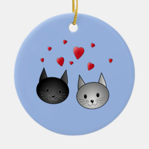 Cute Black and Grey Cats, with Hearts. Ceramic Ornament