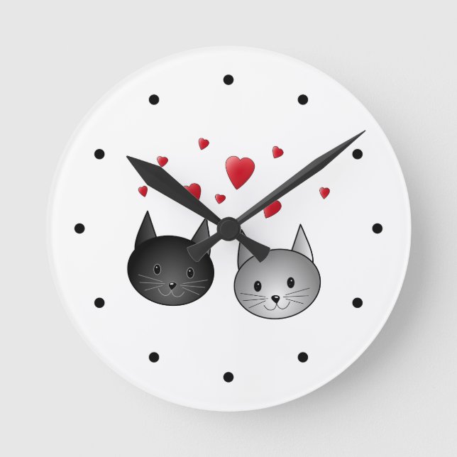 Cute Black and Grey Cats, with Hearts. Round Clock (Front)