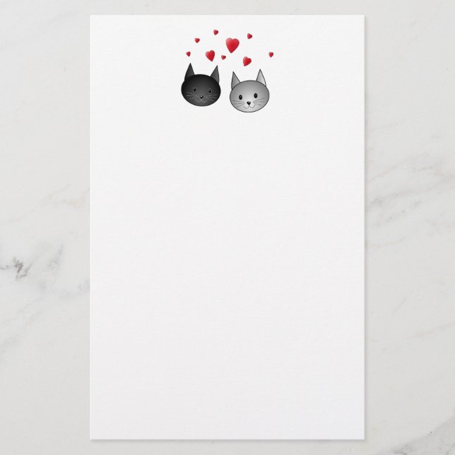 Cute Black and Grey Cats, with Hearts. Stationery (Front)