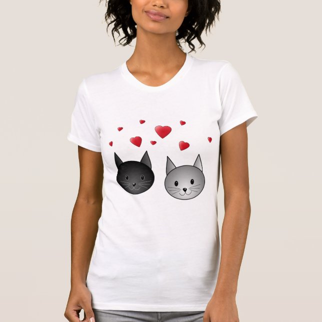 Cute Black and Grey Cats, with Hearts. T-Shirt (Front)