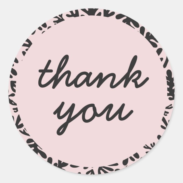 Cute Black and Pink Dark Botanical Thank You Classic Round Sticker (Front)