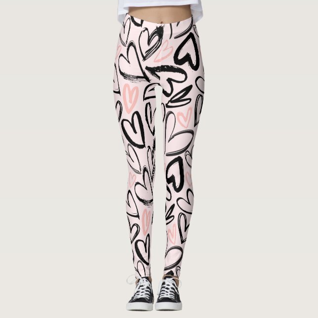 Cute black and pink valentines day hearts pattern leggings (Front)
